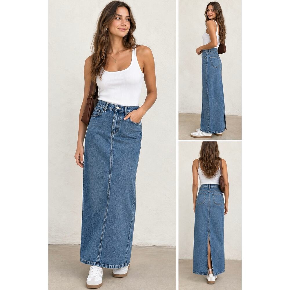 Forever 21 Denim Maxi Skirt Size L High Rise Long Column Y2K Med Wash
43” Long